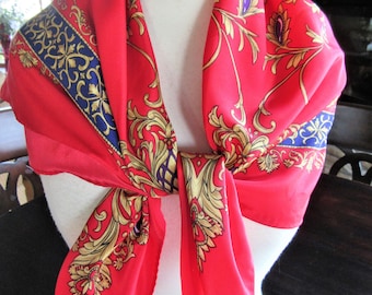 Vintage Red and Gold Scarf, Purple Highlights, Hand Stitched and Rolled Edges, Jacquard Pattern,  30 Inch Square
