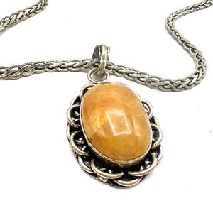 Vintage Sterling Silver Citrine Quartz Pendant Necklace - 22 Inch Chain
