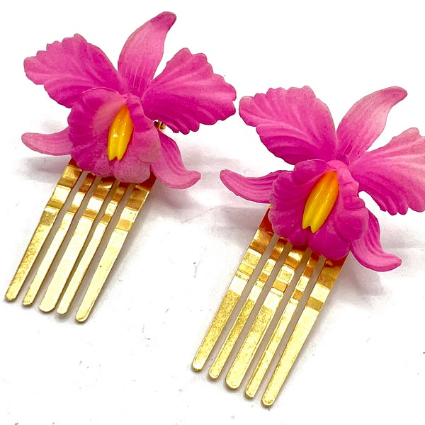 Pink Orchid Flower Combs, Set of 2,  Vintage Hard Plastic Flower on Gold Tone Combs