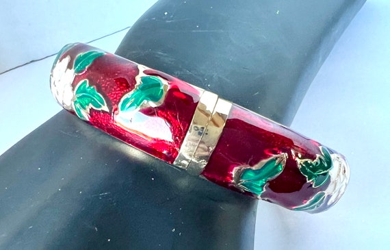 Vintage Enamel Bracelet, Garnet Red, White and Pi… - image 6