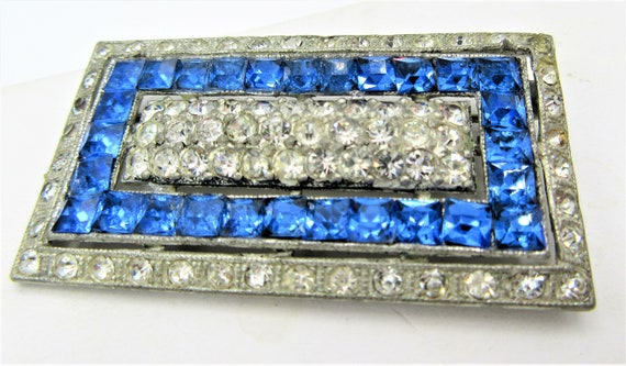 40s Art Deco Brooch, Blue And Clear Rhinestones, … - image 7