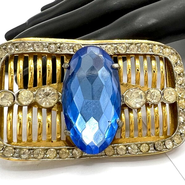 Art Deco Brooch, Blue Czech Glass Center, 40's Vintage, Clear Rhinestone Surround on Gold Tone Brooch