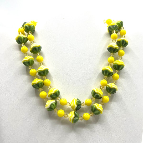 Yellow Green Glass and Lucite Bead Necklace, 2 Strands, 16 Inch Choker, Gift for Her