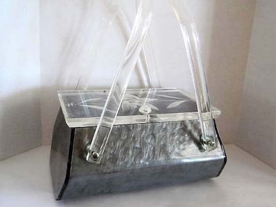 Llewellyn NYC Lucite Purse, Gray Marble Lucite, Clear Deeply Etched Lid, Party Purse, 50s Purse