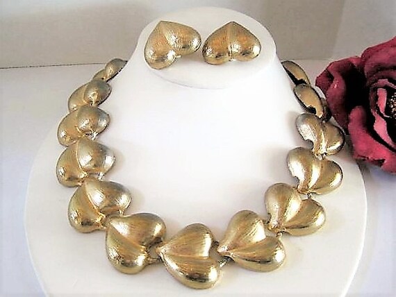 Gold Heart Necklace, Vintage Gold Choker, Matching Heart Earrings, Jewelry Gift Set