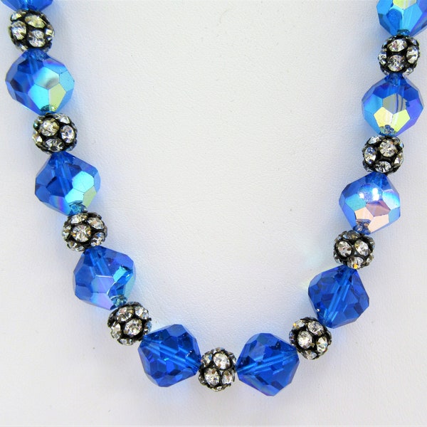 Vendome Blue Crystal Necklace, 17 inch Faceted AB Crystal Beads, Black Rhinestone Rondel Spacers, Vintage Vendome Choker