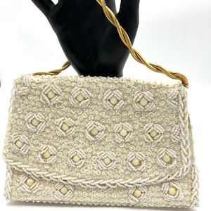 Vintage 50’s White Beaded Purse, Made in Hong Kong, Beads and Sequins  Evening Bag, Satin Lined  Wedding Purse