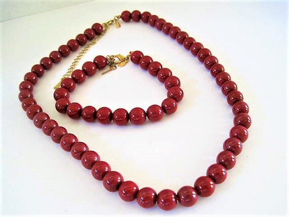 Red Bead Necklace Set, Necklace and Bracelet, Signed Premier Designs, Red Glass Beads, Necklace Bracelet