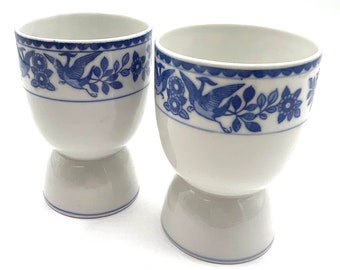 Vintage  Porcelain Egg Cups, Set of 2, Blue and White, Signed NIPPON, Easter Decor, Egg Display