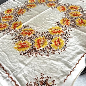 MCM Bright Yellow FlowersTablecloth, White Background, SunFlowers with Orange Centers, Cotton 44 by 48 inch, Tablecloth