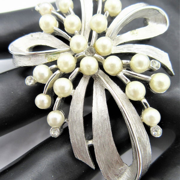 Crown Trifari Faux Pearl Brooch, Silver Tone, Clear Rhinestones, Wedding Bouquet Pin