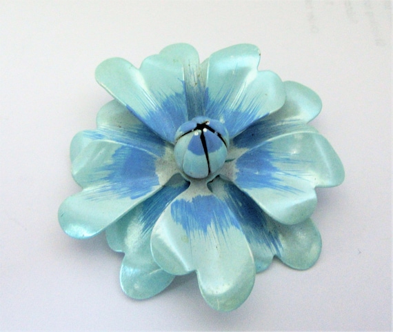 Blue Enamel Flower Brooch,  3D Floral Pin, Two To… - image 1