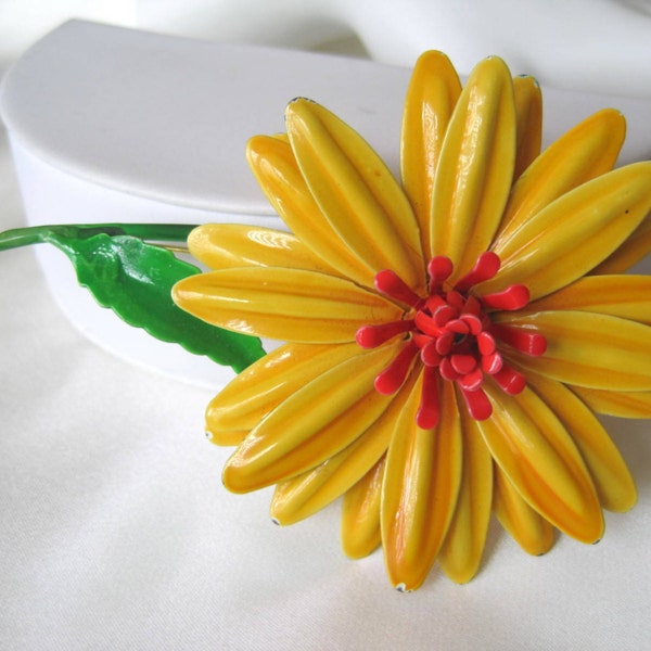 Vintage Yellow and Orange Enamel Flower Brooch Pin