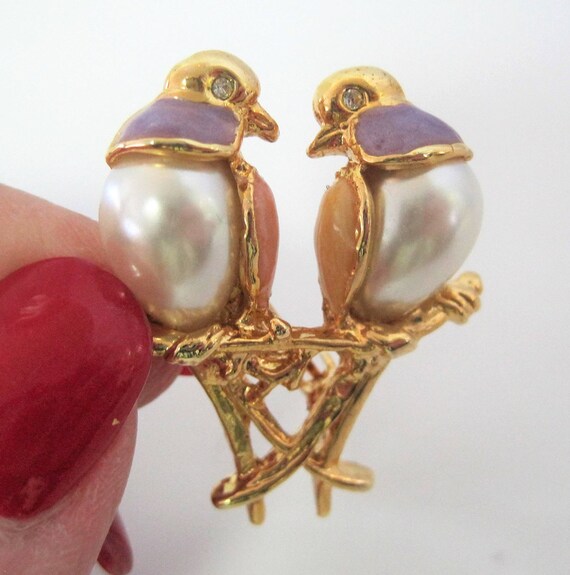 Pearl Lovebirds Brooch, Lavender Enamel Feathers, Lovebirds Pin