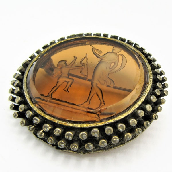 Amber Glass Intaglio Pin, Etched Cupid Cameo, Vintage Faceted Edge,  Reverse Intaglio Brooch Pin