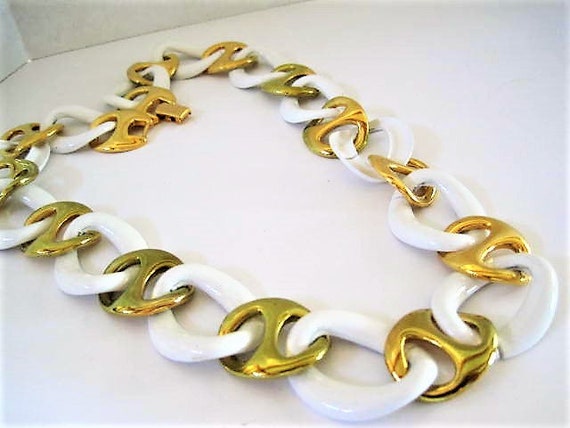 Napier Enamel Necklace, Signed Pat. Pend, White Enamel and Gold Tone Links