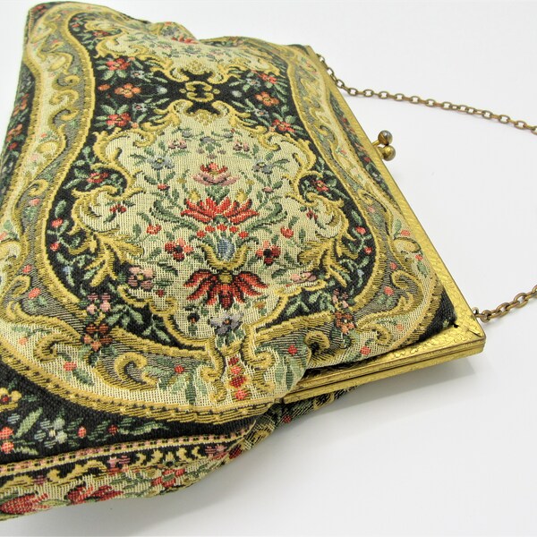 Vintage Tapestry Evening Bag, Floral Purse, Signed Made in France ,  Gold Tone Chain Handle and Clasp,  Vintage Evening Purse