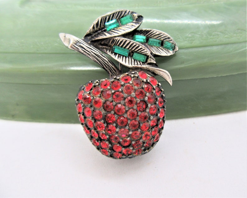 Green Baguette Leaves Red Apple Brooch Teacher Gift Vintage Fruit Pin Rhinestone Signed PELL