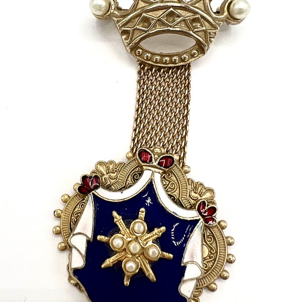 Blue White Heraldic Brooch Pendant, Vintage Medal, Gold Tone, Crown Shield, Coat of Arms Pendant