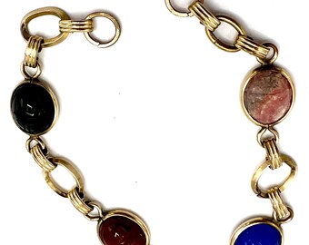 12K GF Scarab Bracelet, Gold Filled, 1/20 GF, 4 gemstone scarabs, 7 1/2 inches, Egyptian Revival,