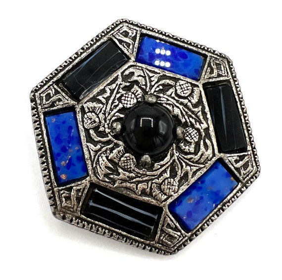 Black Blue Glass Brooch, Black Glass Cabochon Cen… - image 5