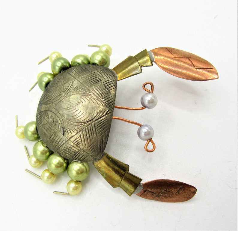 Mixed Metal Artisan Made Vintage Crab Brooch Faux Pearls Vintage Detailed Figural
