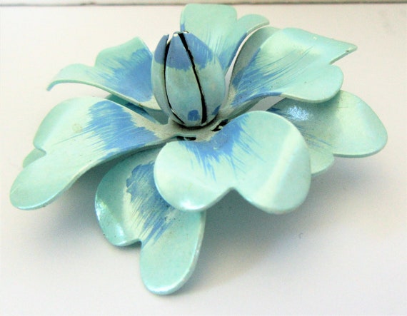 Blue Enamel Flower Brooch,  3D Floral Pin, Two To… - image 4