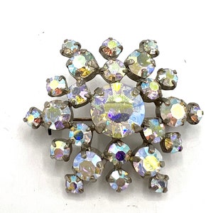 Vintage AB Rhinestone Brooch, Aurora Borealis, 1 1/2 Inch Round Shaped, Fabulous Sparkling AB Stone Pin