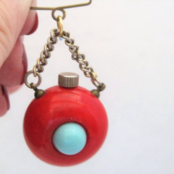 Vintage Bakelite Brooch, Perfume Bottle, RARE  Hanging Brooch,  Mid Century Chatelaine, Red Turquoise Pin