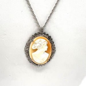 Vintage Sterling Cameo Necklace, Hand Carved Shell  Pendant, Signed Sterling Pendant and Chain, Victorian Cameo Face Pendant