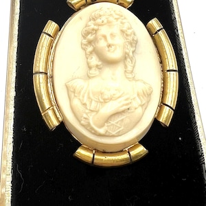 Vintage Celluloid Cameo Brooch, Gold Bezel Setting, Signed LADAC Romantic Bridal Style