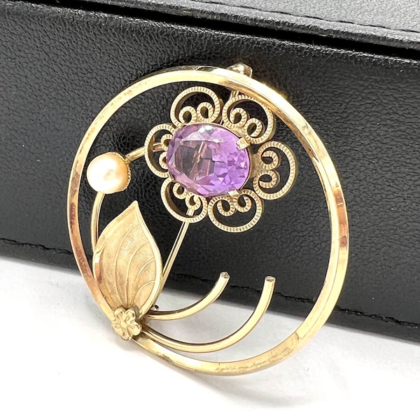 Amethyst Faux Pearl Brooch, 12K Gold Filled,  Signed Winard,  Amethyst Flower Center, Gold  Filled Pin