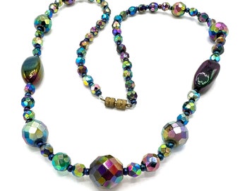 Aurora Borealis Bead Necklace, Black, Green and Purple Crystals, 22 Inch Single Strand, Faceted Glass Crystal Beads,
