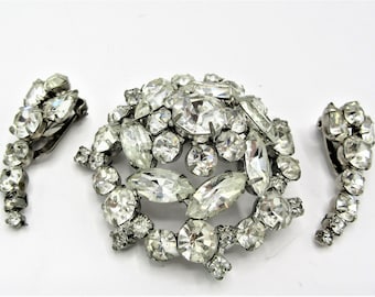 Clear Rhinestone Brooch Set, 2 Inch Brooch and Earrings, High Dome Shaped, Vintage Clear Faceted, Clip On Earrings