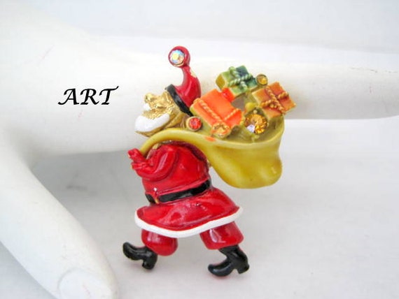 Santa Claus Brooch, Signed ART, Rhinestone Enamel Pin, Vintage Christmas