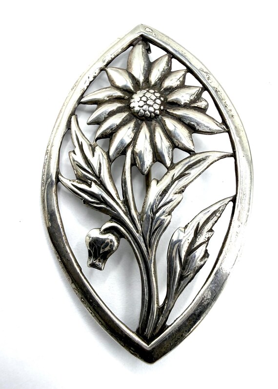 Sterling Silver Flower Brooch, Sunflower Shape, signed STERLING