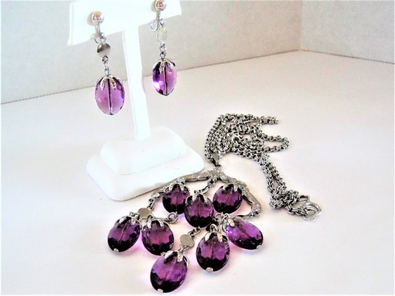 Sarah Coventry Waterfall Necklace Set, Necklace and Earrings, Purple Lucite, Vintage 70's