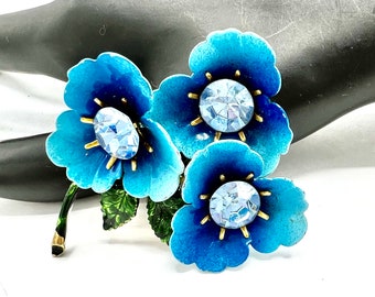 Blue Floral Brooch, Blue Enamel, Glass Centers, Gold Tone Metal, 2 1/2 Inch  Jewelry Brooch