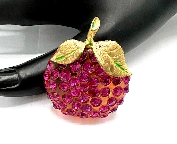 Forbidden Fruit Brooch, Purple Lucite, Pink Rhine… - image 1