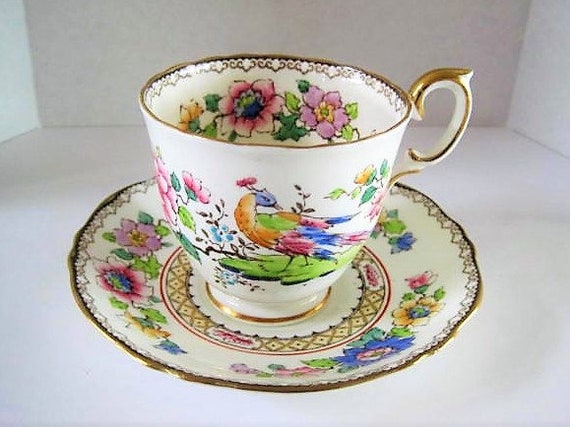 Crown Staffordshire Cup and Saucer, Peacock Floral Pattern, #A15322 Footed Cup, Bone China England