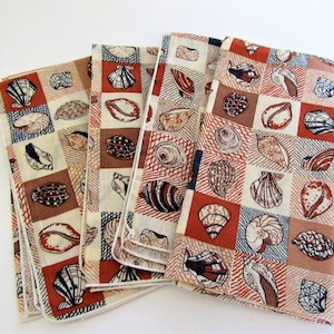 Seashell Napkins, Set of 4, 17 Inch Square, Brown and Blue, Coastal Decor Set
