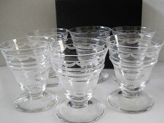 Cordial Etched Glasses, Set of 6, Wine Cocktails, Collectible Barware, Modernist Design