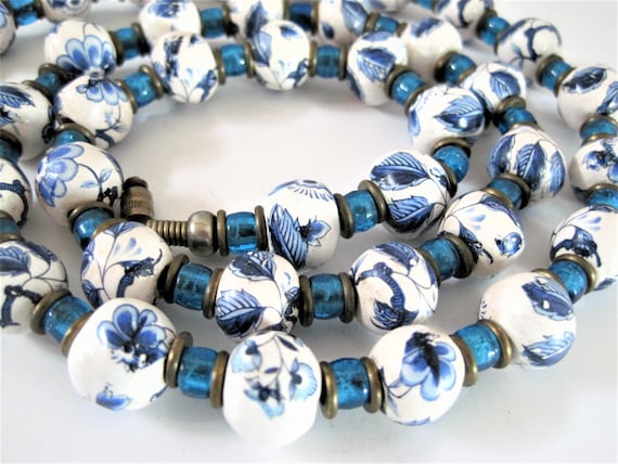 Blue and White Necklace, Porcelain Flowered Beads, Aqua Bead Spacers, Vintage Beads