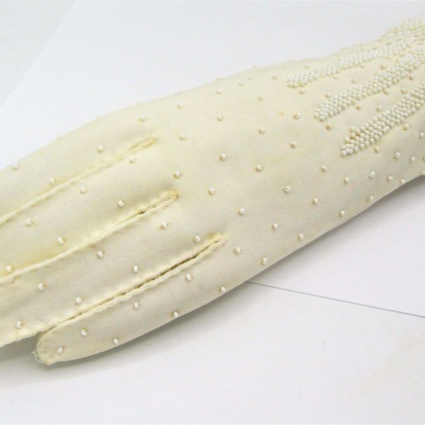 White Beaded Gloves, Seed Pearl Adorned, Signed Cotton Simplex Made in Hong Kong, Vintage Wrist Length,  Wedding Gloves, Size 8