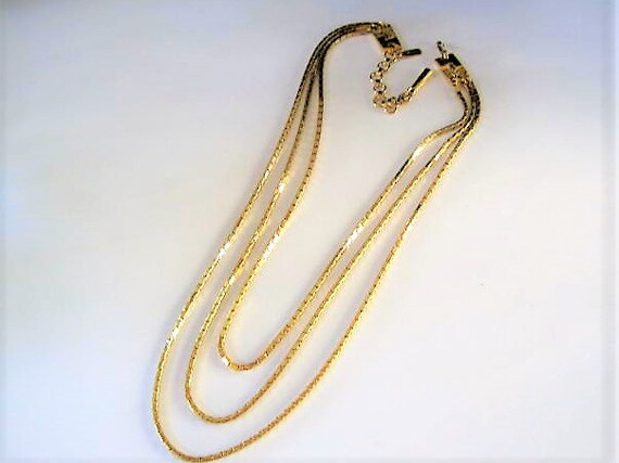 Monet Gold Necklace, 3 Strand, Signed Monet tag, Gold Chains of Varying Lengths