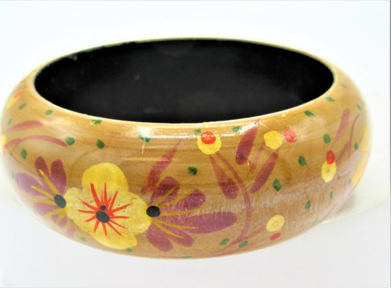 Wood Bangle, Flowers and Polka Dots, Wide Bracele… - image 5