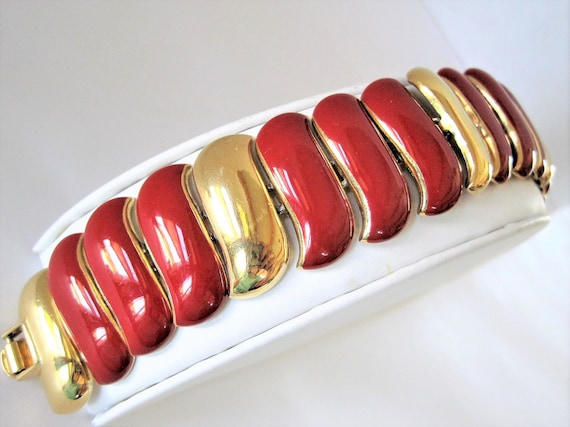 Monet Red Link Bracelet, Red Enamel, Gold Wide Links, Signed MonetBracelet