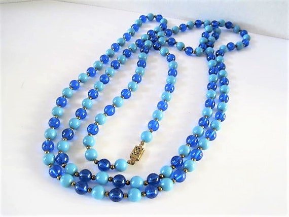 Blue Bead Necklace, Dark and Light Lucite Beads, Gold Tone Clasp, 58 Inches in Length, Vintage Flapper Necklace
