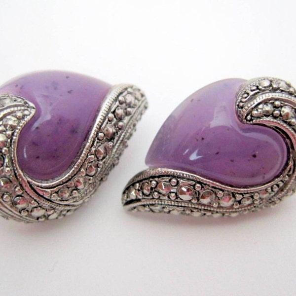 Amethyst Earrings -  Purple Lucite -  Marcasite Clip Ons - Vintage Earrings