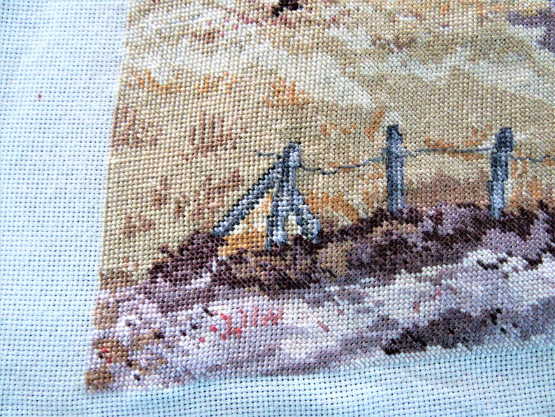 Fall Farm House Landscape Autumn 18 x 12 Inches Vintage Preworked Needlepoint